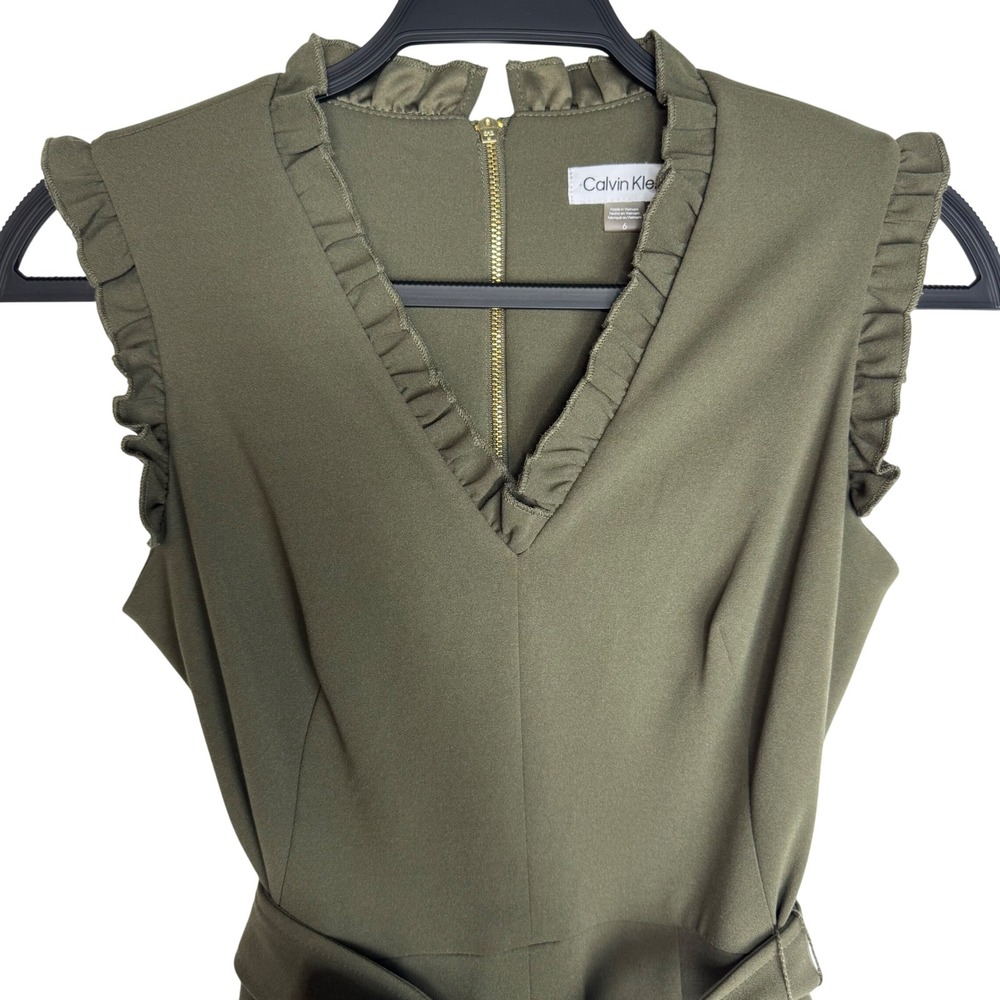 Calvin Klein Olive Green Ruffle V Neck Wide Leg Jumpsuit Sz 6 Holiday Workwear - Picture 2 of 9